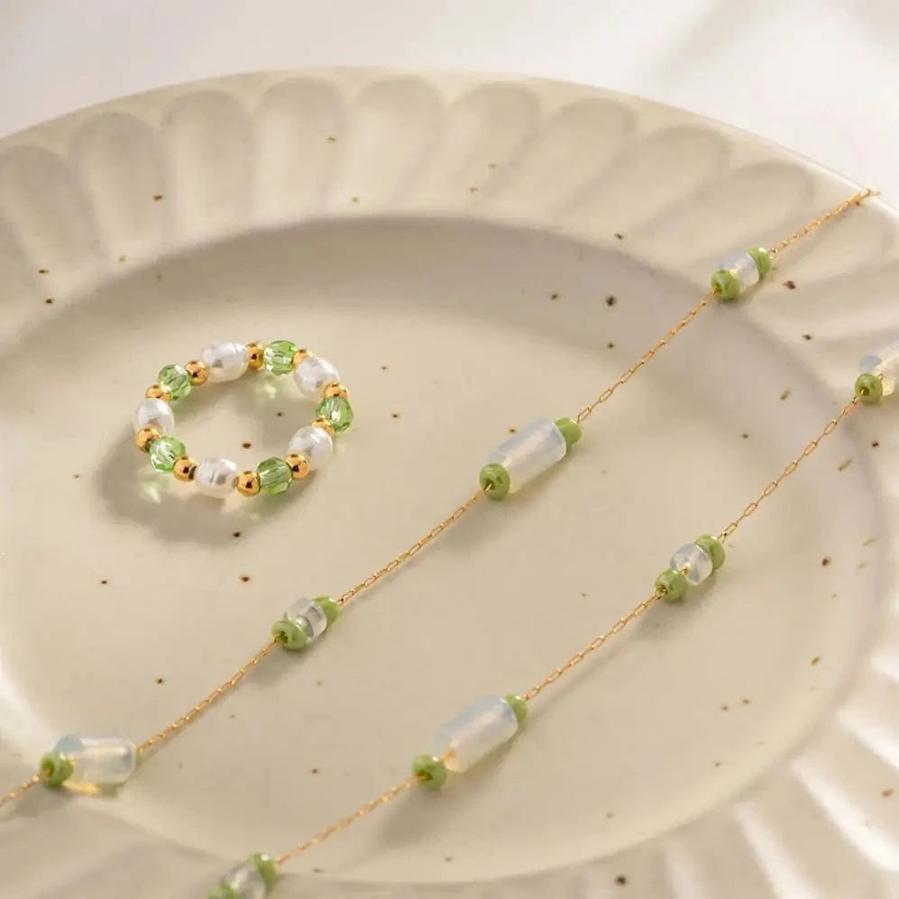 luxury / N2349 N2349 New Arrival 18K Gold Plated Stainless Steel Luxury Green Opal Stone Bead Charm Necklace