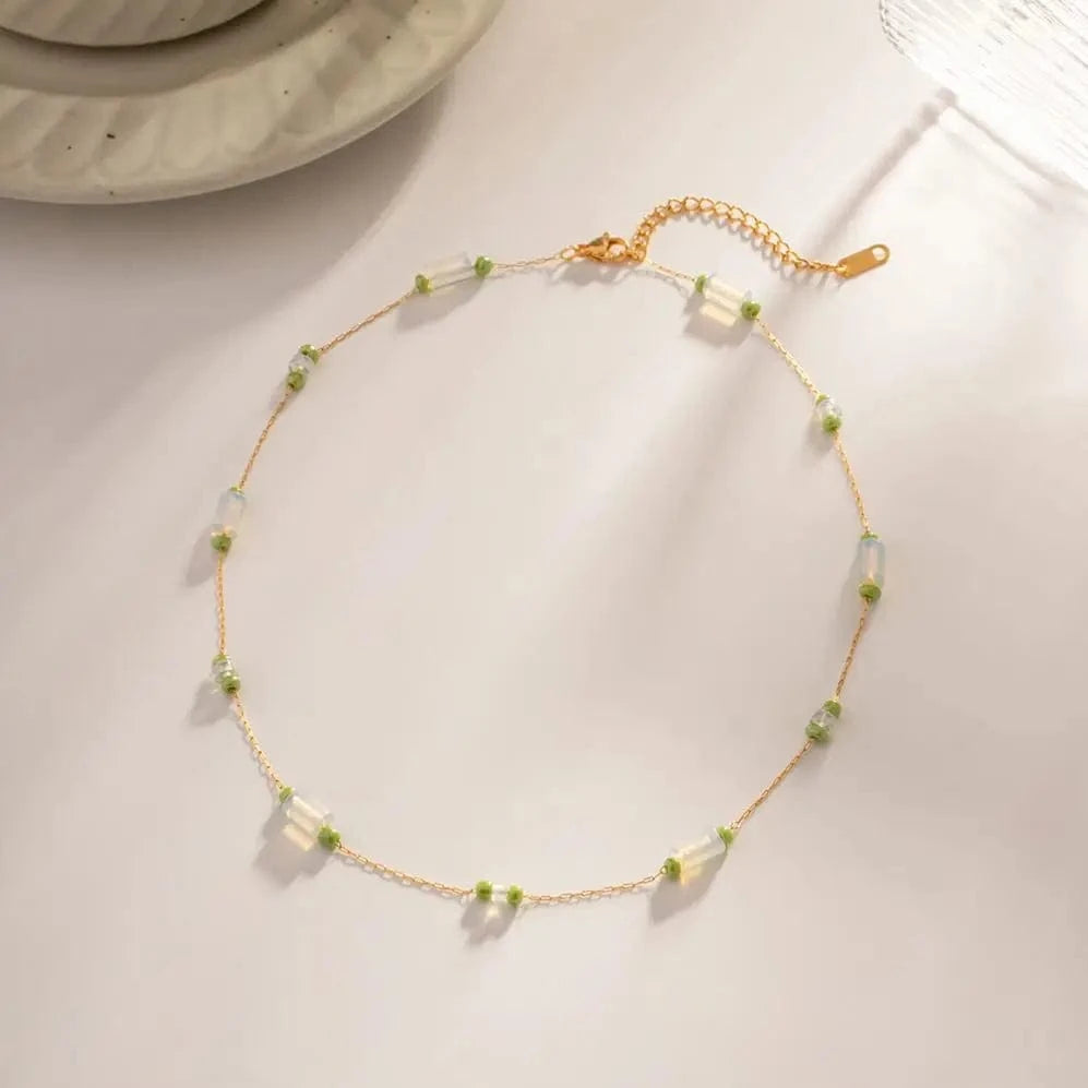 luxury / N2349 N2349 New Arrival 18K Gold Plated Stainless Steel Luxury Green Opal Stone Bead Charm Necklace