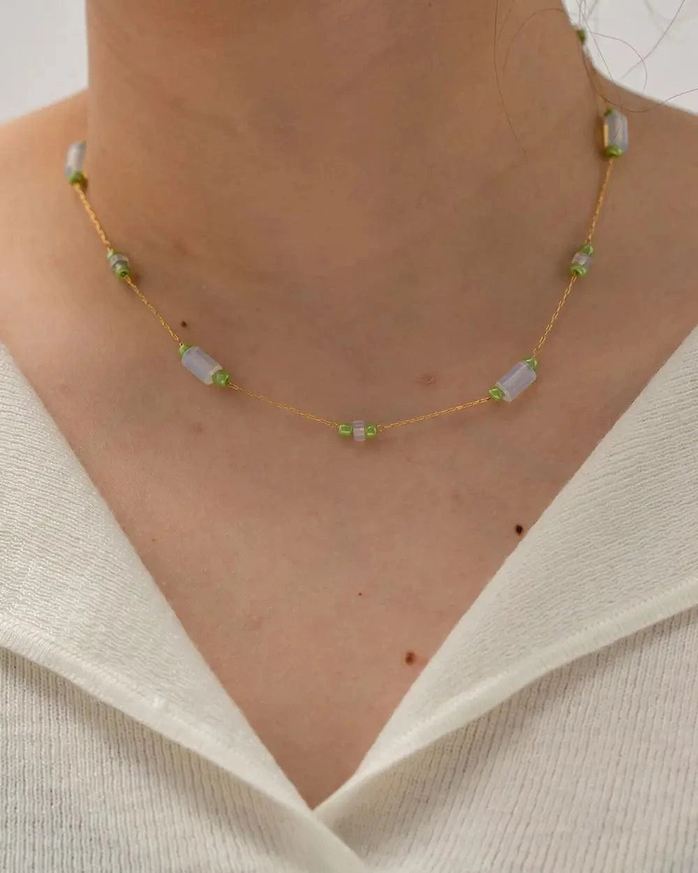 luxury / N2349 N2349 New Arrival 18K Gold Plated Stainless Steel Luxury Green Opal Stone Bead Charm Necklace