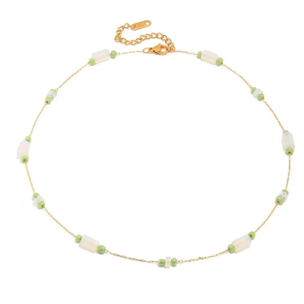 luxury / N2349 N2349 New Arrival 18K Gold Plated Stainless Steel Luxury Green Opal Stone Bead Charm Necklace