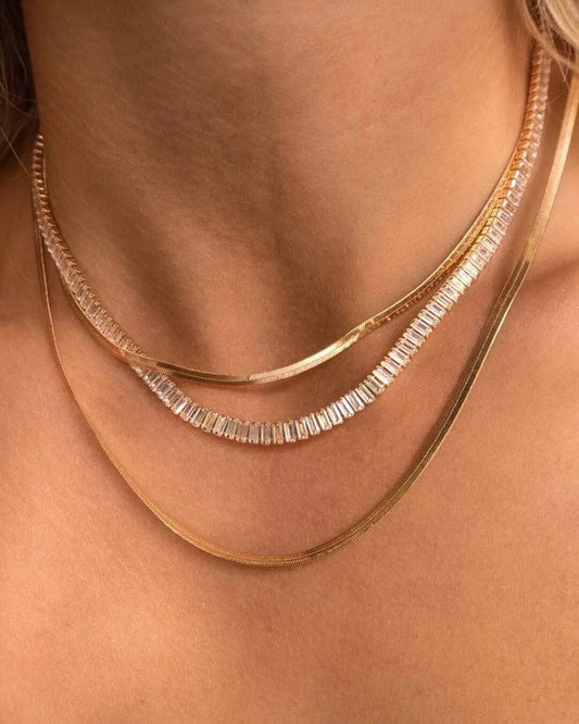 Luxury Non Tarnish & Waterproof Shiny Baguette Tennis 18K Gold Plated  Statement Zirconia Stainless Steel crystal Jewelry