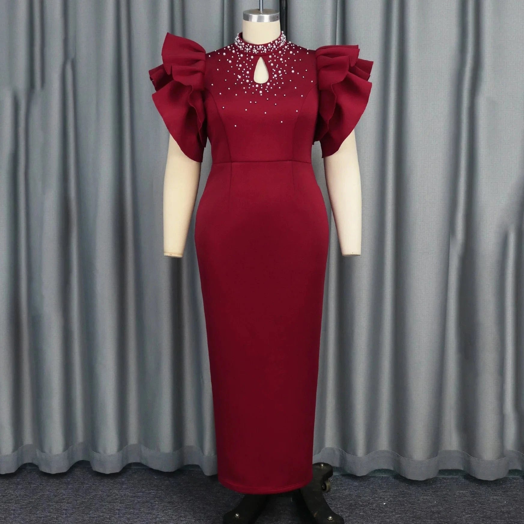 Luxury Party Dresses for Women O Neck Ruffles Sleeve Beaded Sheath Package Hips Ankle Length Elegant Birthday Dinner Vestidos