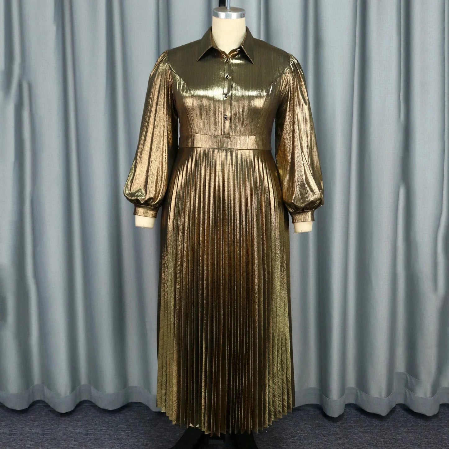 Luxury Pleated Dresses for Woman Turn Down Collar Full Sleeve Single Breatsed Ankle Length Elegant Birthday Party Dinner Dress