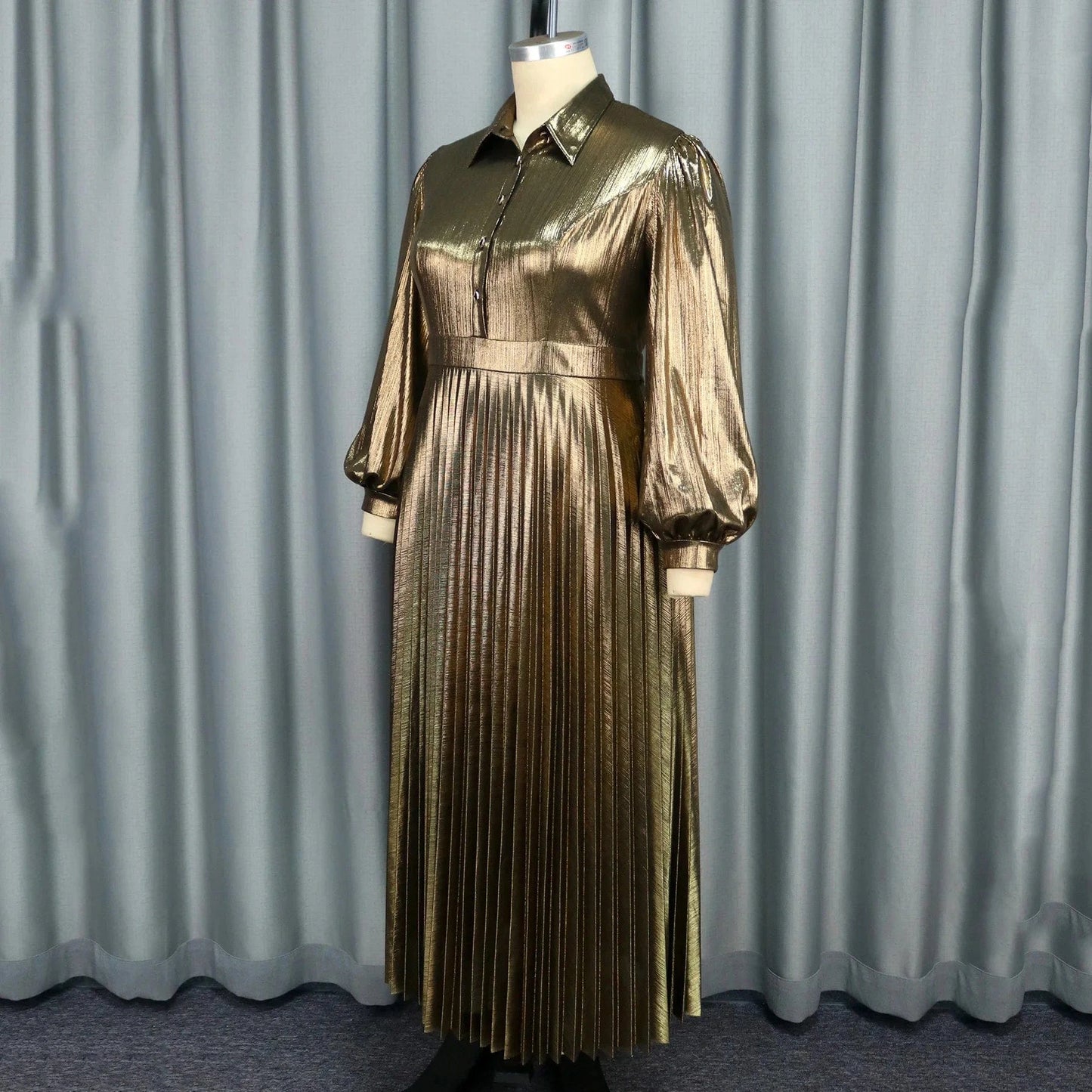 Luxury Pleated Dresses for Woman Turn Down Collar Full Sleeve Single Breatsed Ankle Length Elegant Birthday Party Dinner Dress