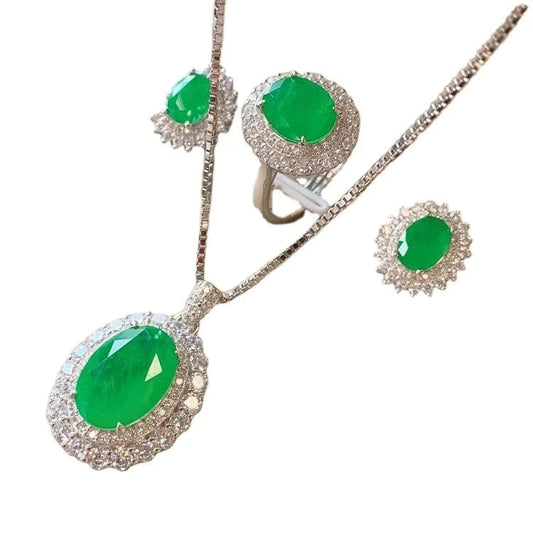 Luxury Pure S925 Sterling Silver Classic Oval Cutting Emerald Ring Earrings Pendant Necklace Jewellery Set Mother Day Women Gift
