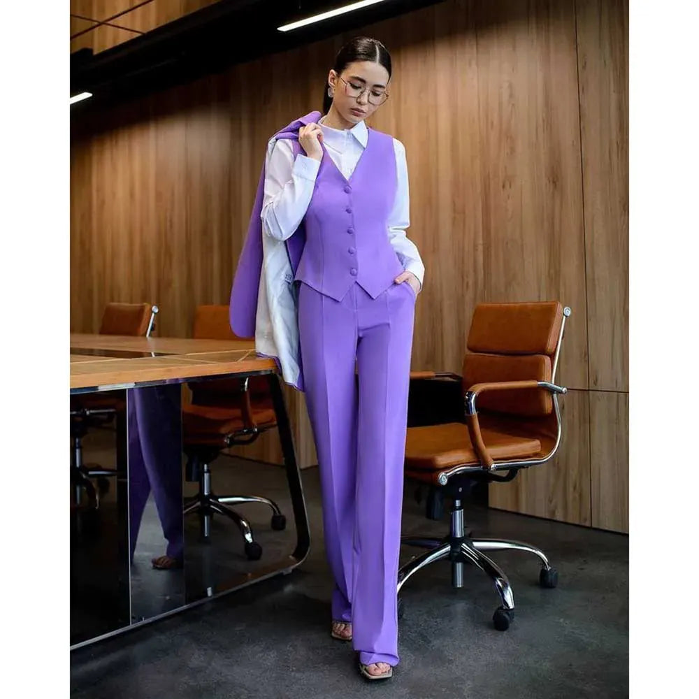 Luxury Purple Blue Women's Kit Suits 3 Piece Jacket Pants Vest Notch Lapel Female Clothing Slim Fit Smart Office Lady's Sets