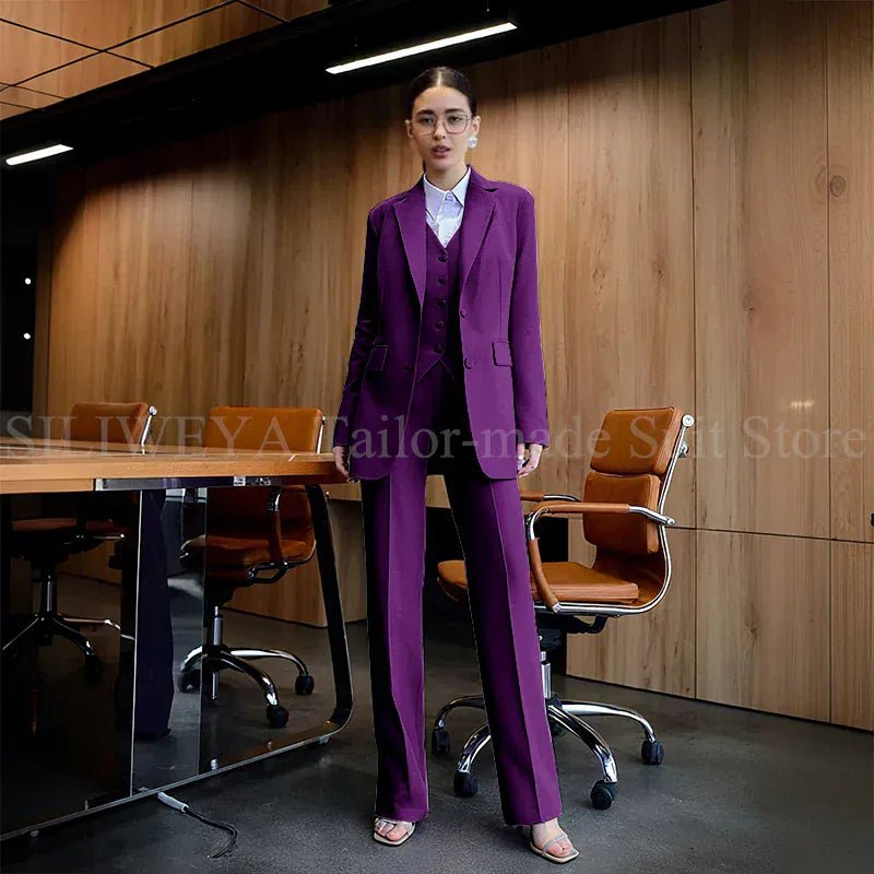 Luxury Purple Blue Women's Kit Suits 3 Piece Jacket Pants Vest Notch Lapel Female Clothing Slim Fit Smart Office Lady's Sets - SN Wigs & More