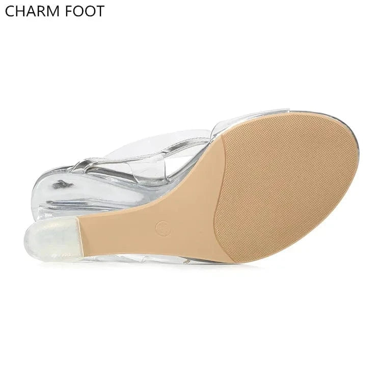 luxury pvc transparent crystal pu with diamonds Wedges high heels sandals