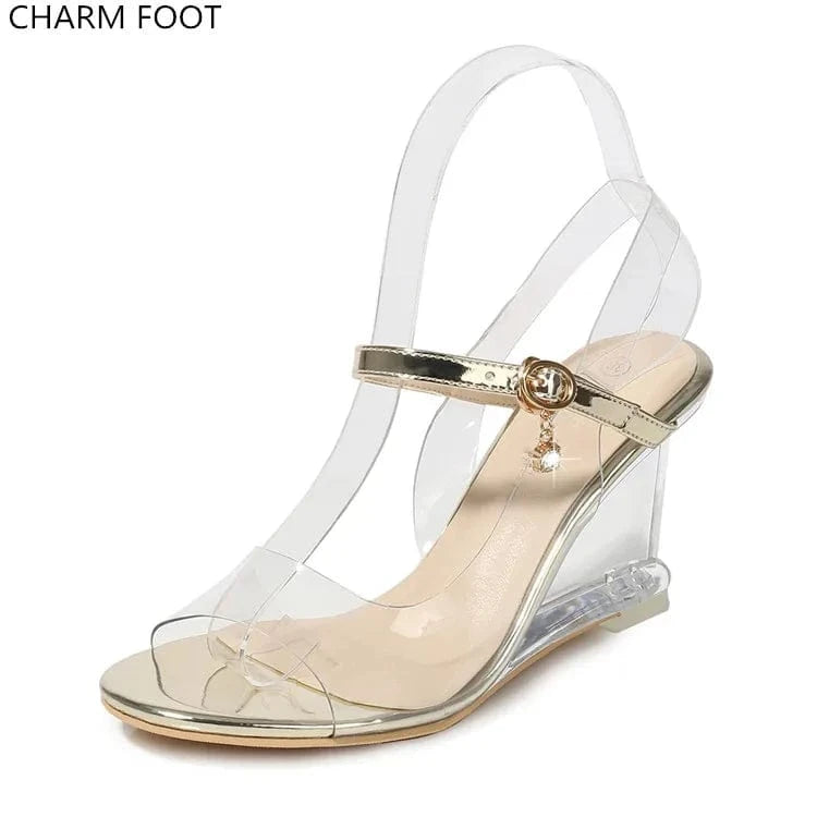 luxury pvc transparent crystal pu with diamonds Wedges high heels sandals