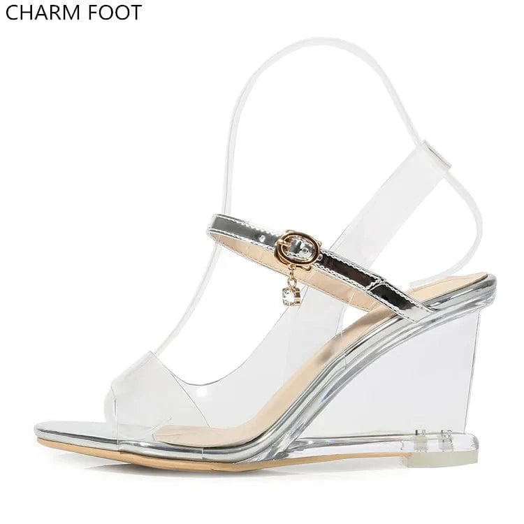 luxury pvc transparent crystal pu with diamonds Wedges high heels sand ...