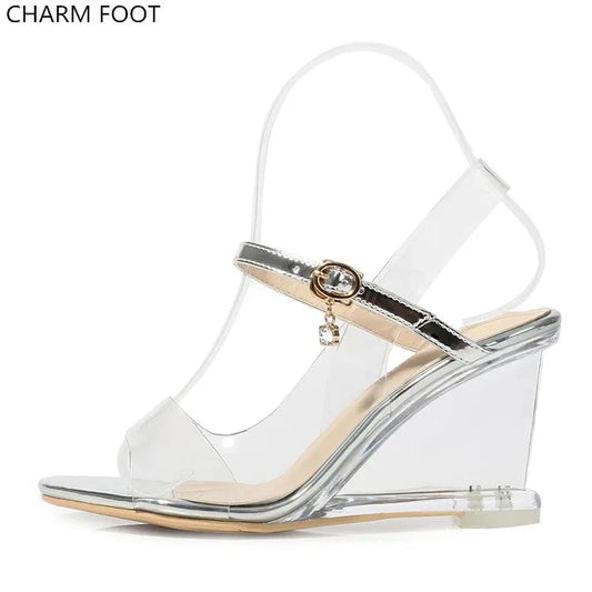 luxury pvc transparent crystal pu with diamonds Wedges high heels sandals