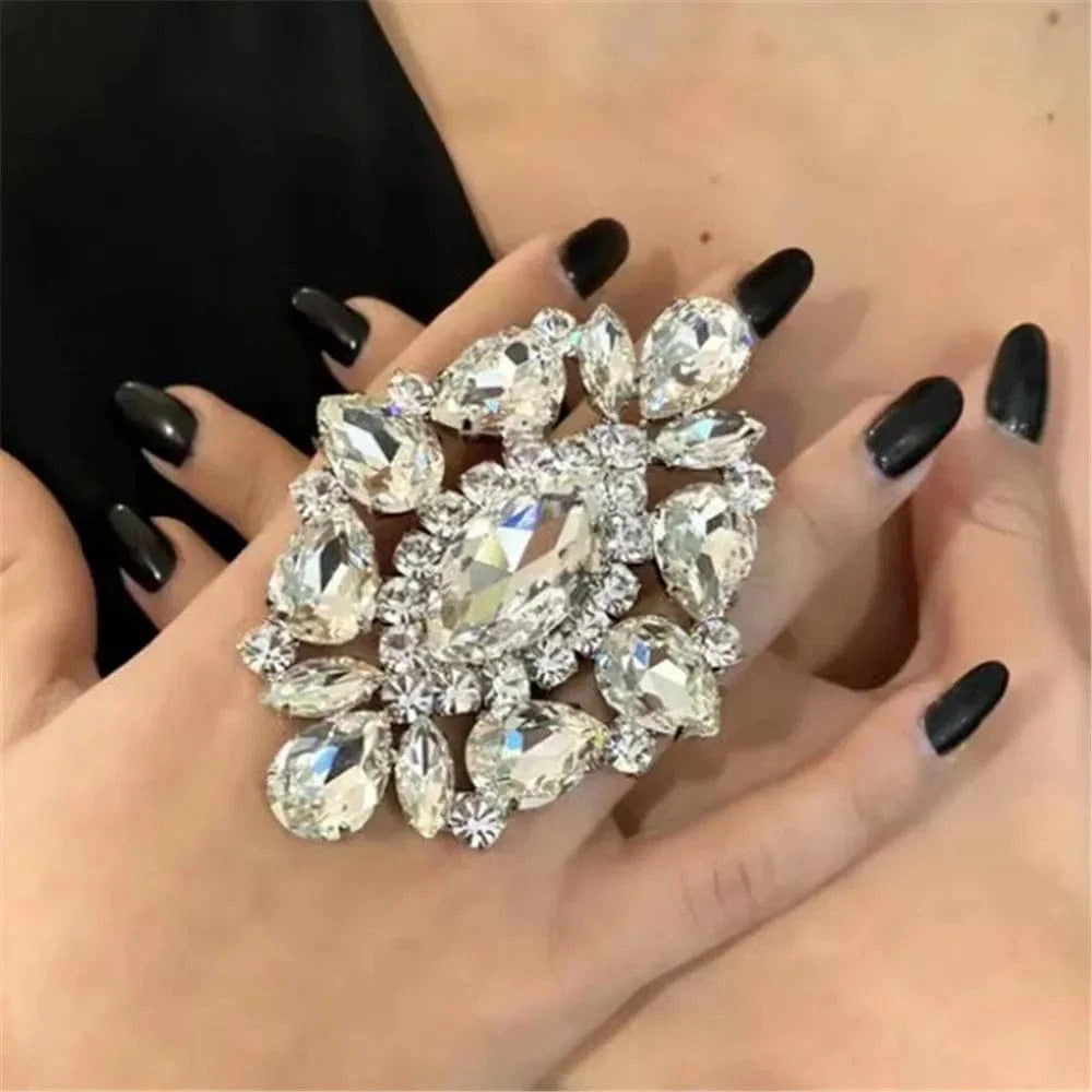Luxury Rhinestone Oversized Big Large Adjustable Geometric Open Rings Drag Queen Jewelry Rings Crystal
