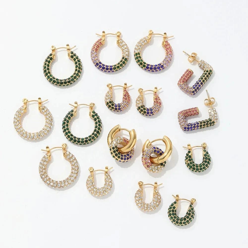 Luxury shiny 18K Gold PVD Plated Micro inlay rhinestone Stainless Steel Party Boutique Hoop Earrings Waterproof Jewelry Women