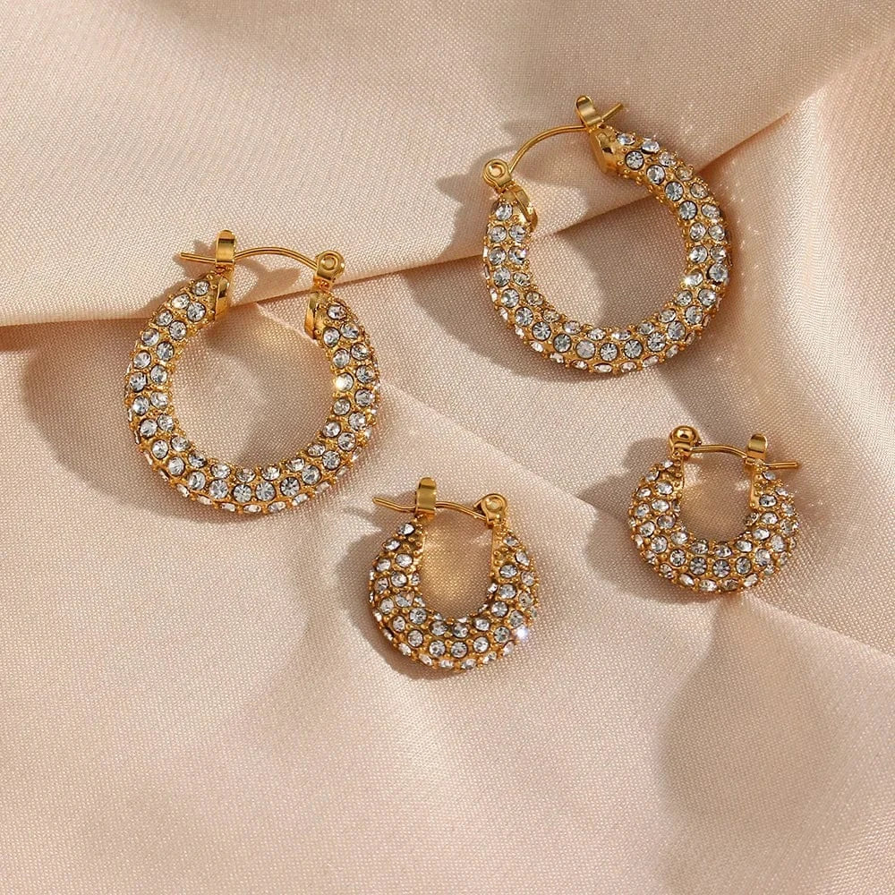 Luxury shiny 18K Gold PVD Plated Micro inlay rhinestone Stainless Steel Party Boutique Hoop Earrings Waterproof Jewelry Women