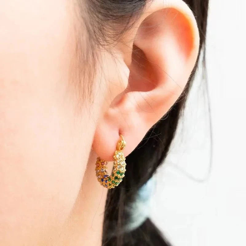 Luxury shiny 18K Gold PVD Plated Micro inlay rhinestone Stainless Steel Party Boutique Hoop Earrings Waterproof Jewelry Women