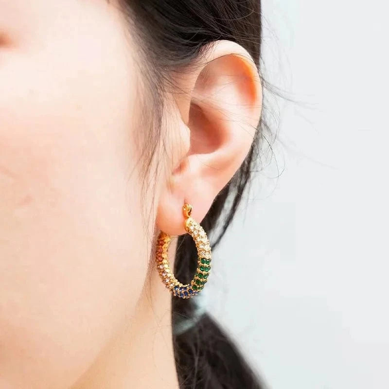 Luxury shiny 18K Gold PVD Plated Micro inlay rhinestone Stainless Steel Party Boutique Hoop Earrings Waterproof Jewelry Women