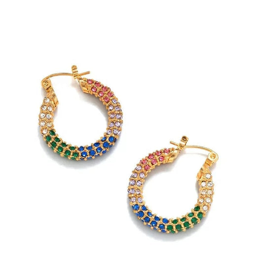 Luxury shiny 18K Gold PVD Plated Micro inlay rhinestone Stainless Steel Party Boutique Hoop Earrings Waterproof Jewelry Women