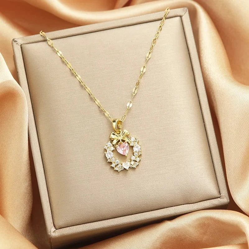 Luxury Shiny Stainless Steel 18k Gold Zircon Heart Butterfly Pendant Necklace Women Boutique Pearl Flower Leaf Necklace for Gift
