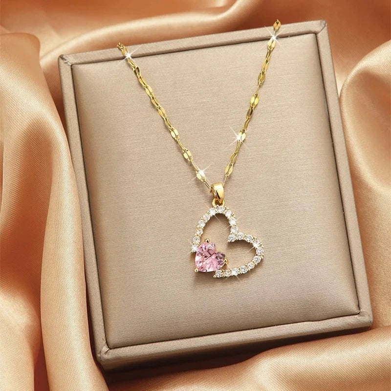 Luxury Shiny Stainless Steel 18k Gold Zircon Heart Butterfly Pendant Necklace Women Boutique Pearl Flower Leaf Necklace for Gift