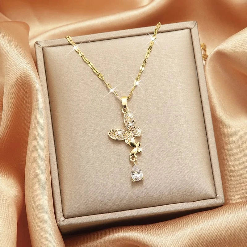 Luxury Shiny Stainless Steel 18k Gold Zircon Heart Butterfly Pendant Necklace Women Boutique Pearl Flower Leaf Necklace for Gift