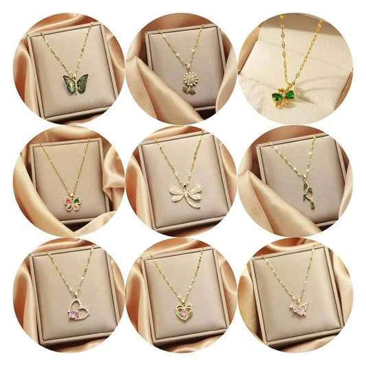 Luxury Shiny Stainless Steel 18k Gold Zircon Heart Butterfly Pendant Necklace Women Boutique Pearl Flower Leaf Necklace for Gift