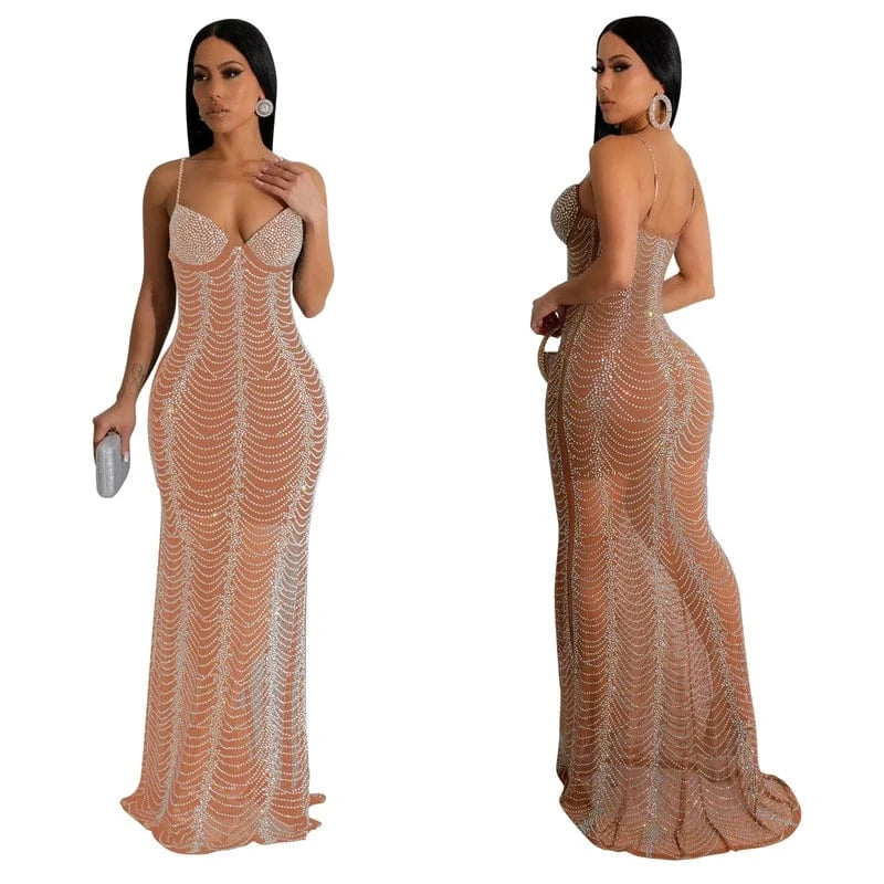 luxury spaghetti strap mesh elegant rhinestone beaded long evening slow sleeveless dress woman 2024 party maxi ball gown dress