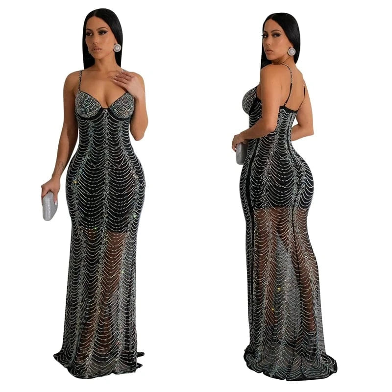 luxury spaghetti strap mesh elegant rhinestone beaded long evening slow sleeveless dress woman 2024 party maxi ball gown dress