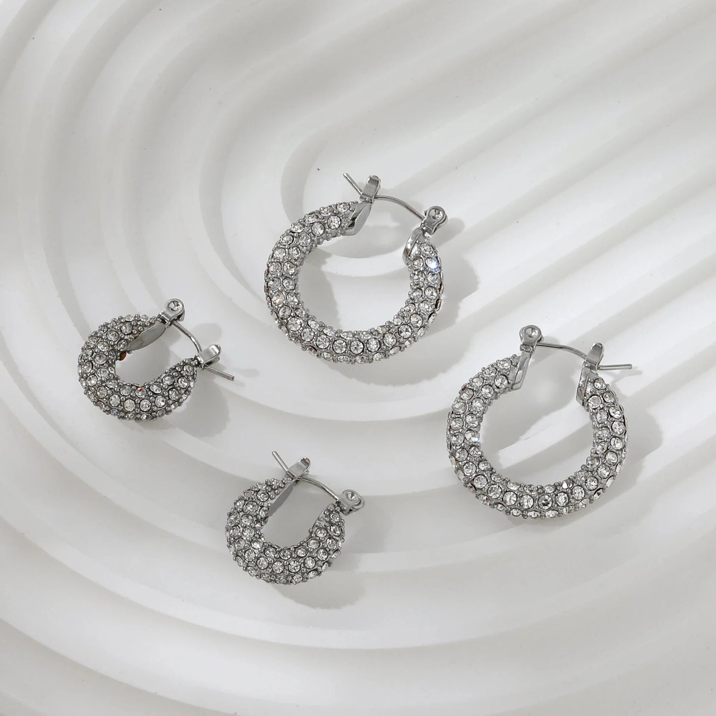 Luxury Sparkle 18K Gold PVD Plated Shiny Party  Micro Pave Stainless Steel Hoop Earring Non Tarnish & Waterproof Jewelry