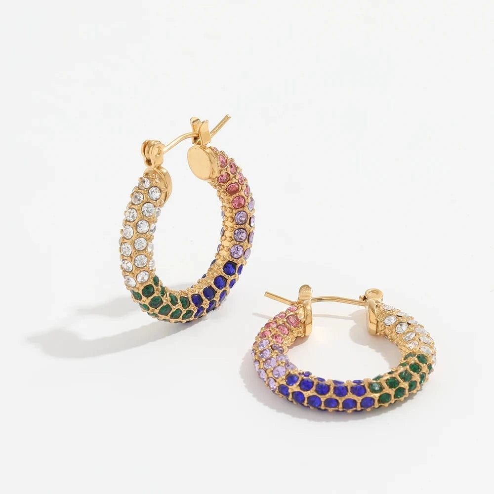 Luxury Sparkle 18K Gold PVD Plated Shiny Party  Micro Pave Stainless Steel Hoop Earring Non Tarnish & Waterproof Jewelry