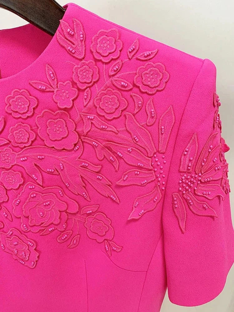 Luxury Style Beads Embroidery Office Lady Casual Wear Short Sleeve O-neckline Slim Fitted Women Mini Formal Dress