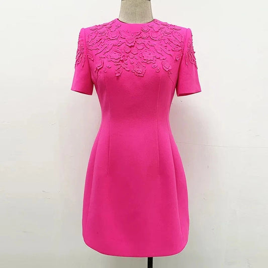 Luxury Style Beads Embroidery Office Lady Casual Wear Short Sleeve O-neckline Slim Fitted Women Mini Formal Dress