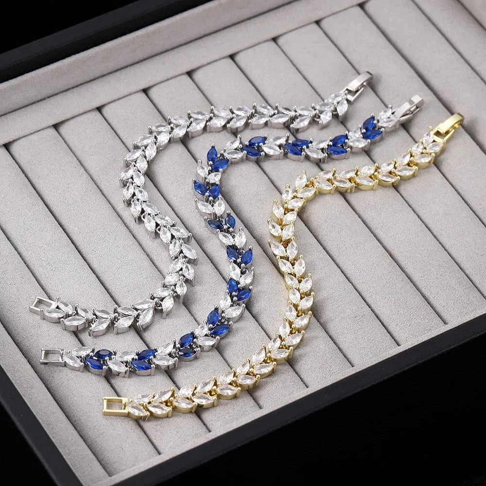 Luxury Wedding Bangle Bracelet Women Iced Out Eye Shape Blue Clear Zirconia White Gold Color Hand Chain Fashion Jewelry