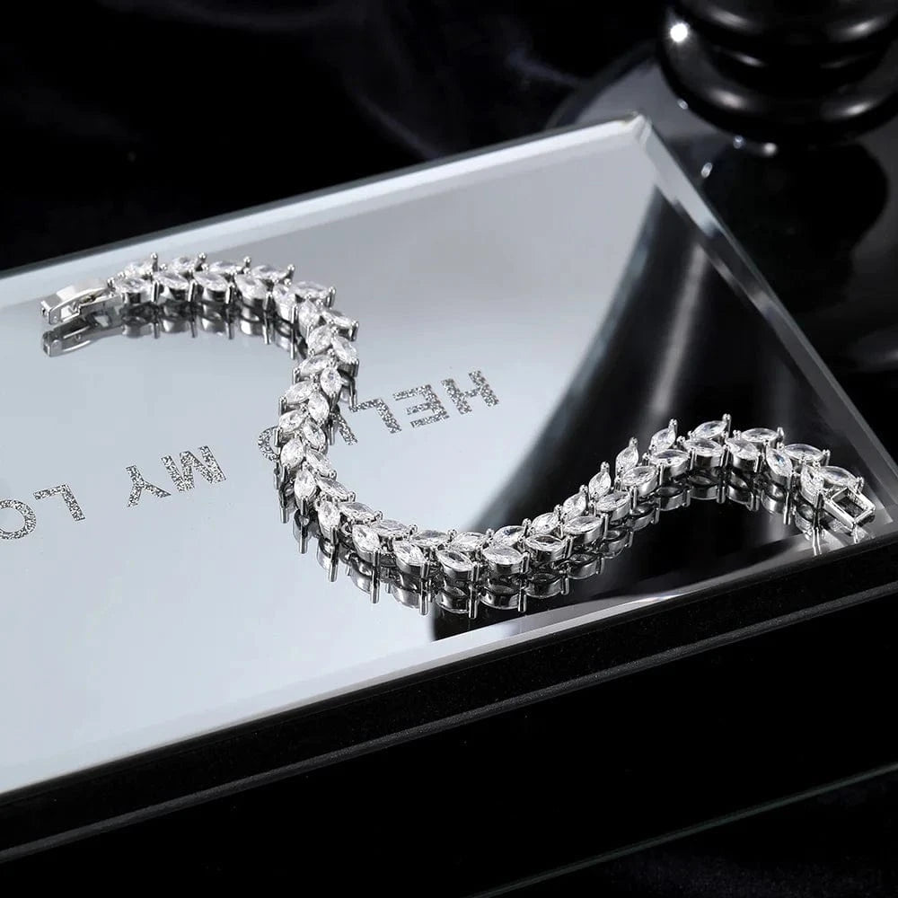 Luxury Wedding Bangle Bracelet Women Iced Out Eye Shape Blue Clear Zirconia White Gold Color Hand Chain Fashion Jewelry