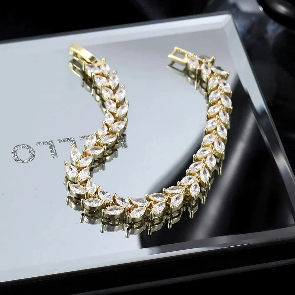 Luxury Wedding Bangle Bracelet Women Iced Out Eye Shape Blue Clear Zirconia White Gold Color Hand Chain Fashion Jewelry