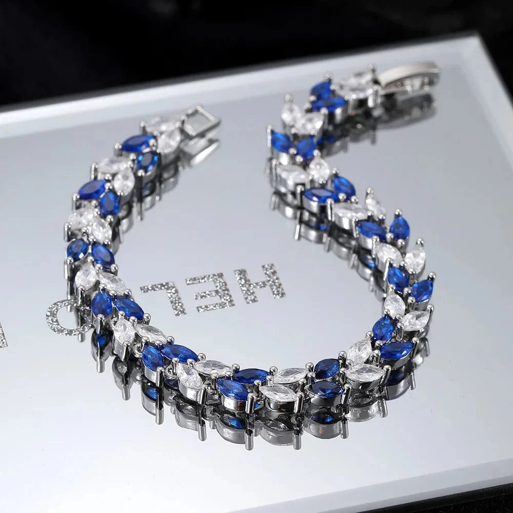 Luxury Wedding Bangle Bracelet Women Iced Out Eye Shape Blue Clear Zirconia White Gold Color Hand Chain Fashion Jewelry