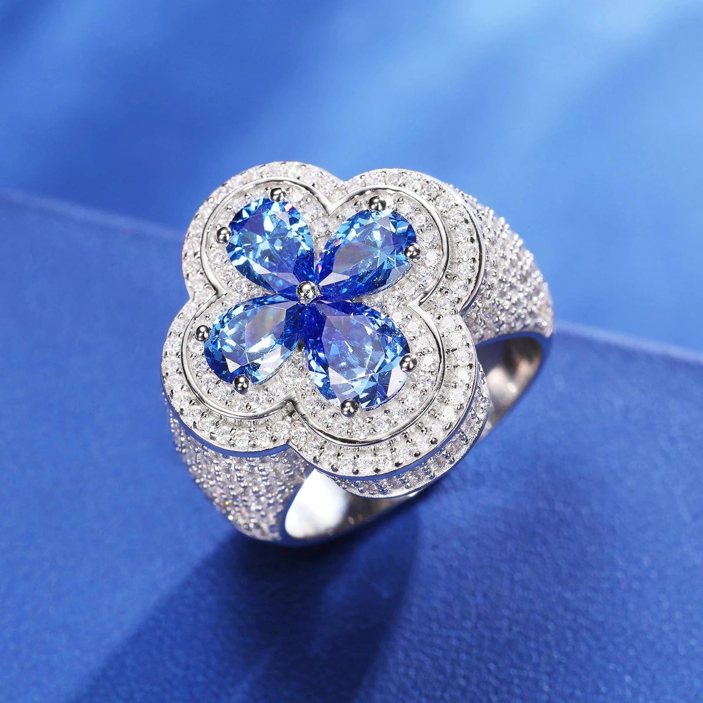 Luxury Wedding Jewelry Couple Lucky Clover Ring 925 Sterling Silver Pink Water Drop VVS Moissanite Diamond Iced Out Cross Ring