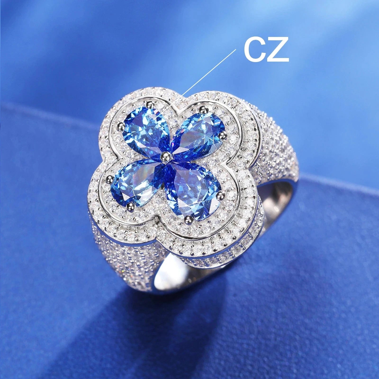 Luxury Wedding Jewelry Couple Lucky Clover Ring 925 Sterling Silver Pink Water Drop VVS Moissanite Diamond Iced Out Cross Ring