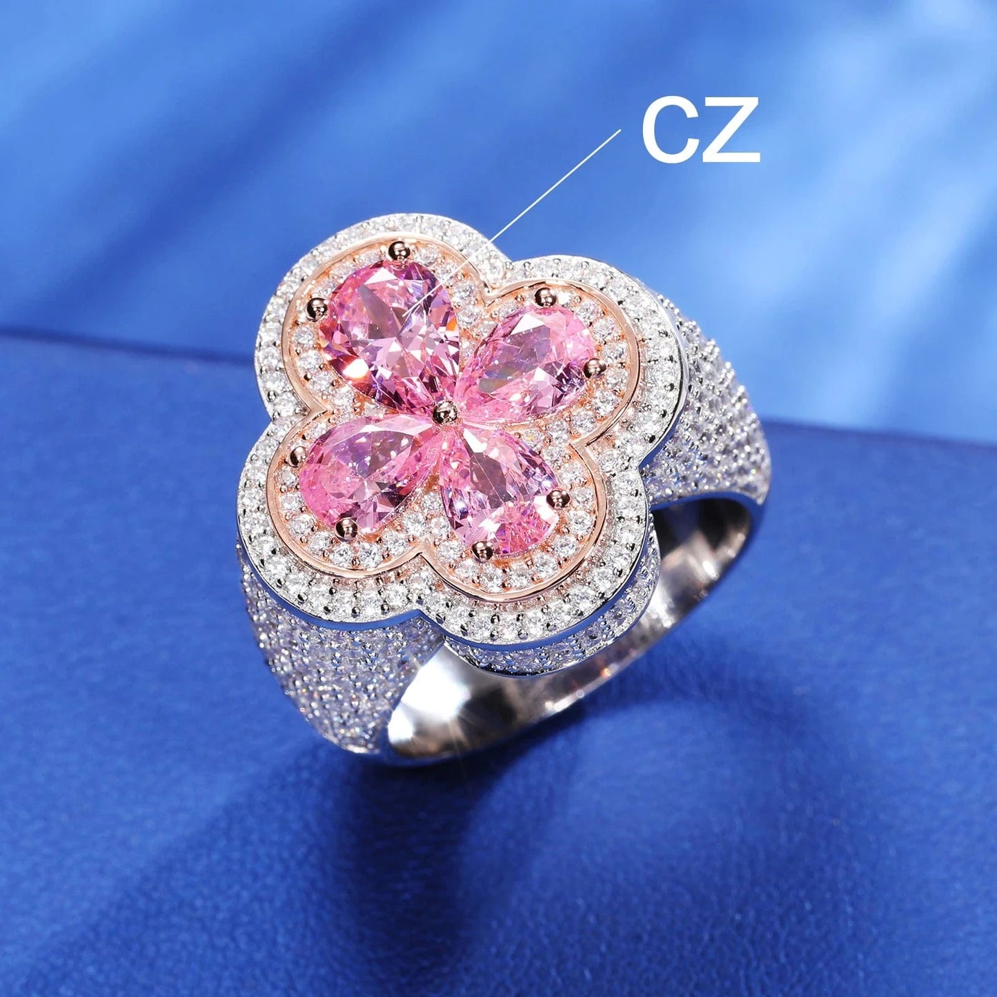 Luxury Wedding Jewelry Couple Lucky Clover Ring 925 Sterling Silver Pink Water Drop VVS Moissanite Diamond Iced Out Cross Ring