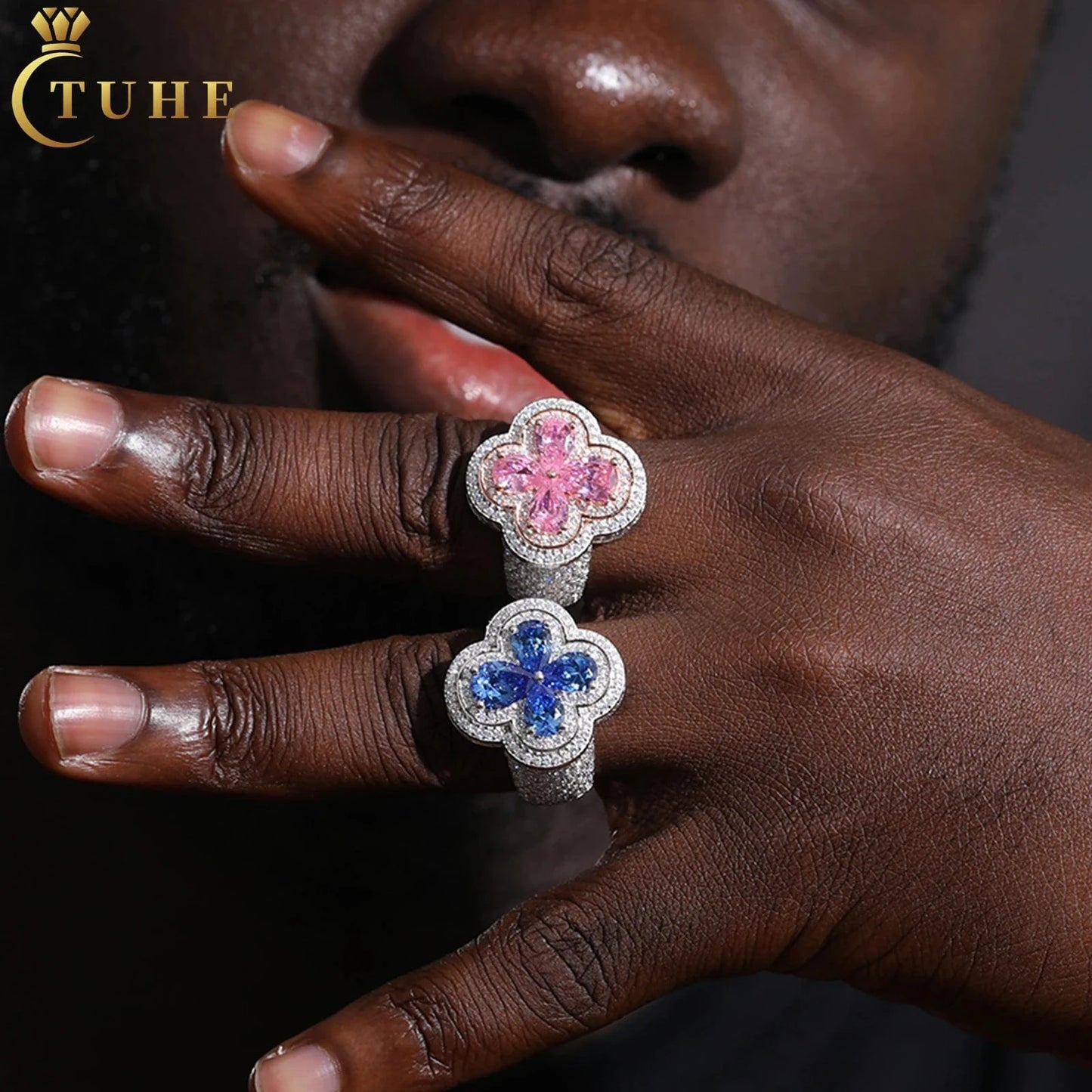Luxury Wedding Jewelry Couple Lucky Clover Ring 925 Sterling Silver Pink Water Drop VVS Moissanite Diamond Iced Out Cross Ring