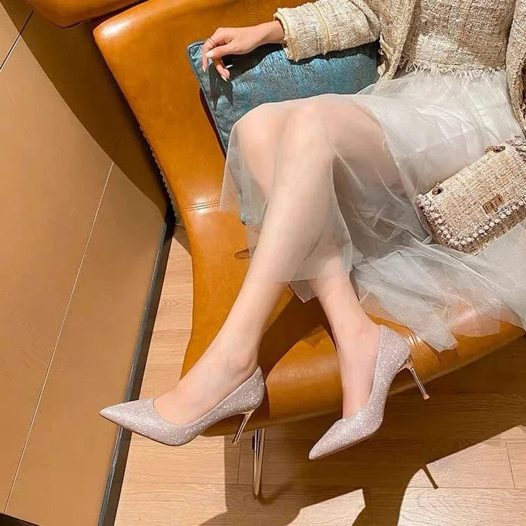Luxury Women Glitter Sequined Bride Wedding Stiletto Shoes Silver Pointy Toe Party High Heels