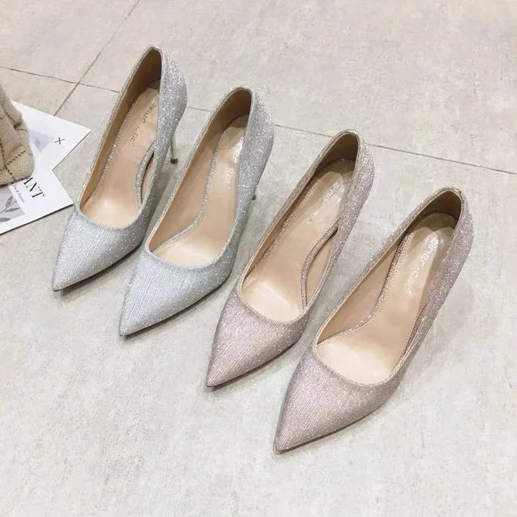 Luxury Women Glitter Sequined Bride Wedding Stiletto Shoes Silver Pointy Toe Party High Heels