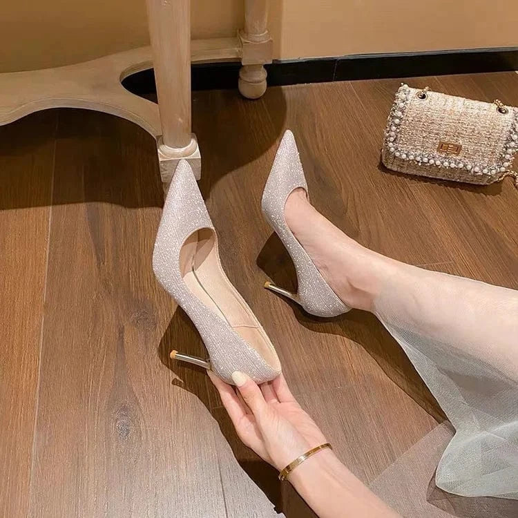 Luxury Women Glitter Sequined Bride Wedding Stiletto Shoes Silver Pointy Toe Party High Heels