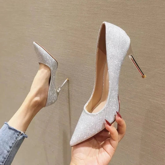 Luxury Women Glitter Sequined Bride Wedding Stiletto Shoes Silver Pointy Toe Party High Heels