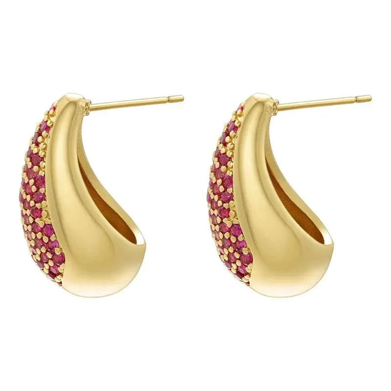 Luxury Women Statement Jewelry Gold Plated Geometric Chunky Water Drop Stud Earrings Multicolor Cubic Zirconia Teardrop Earrings