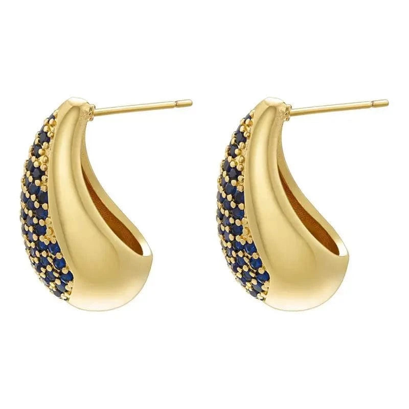 Luxury Women Statement Jewelry Gold Plated Geometric Chunky Water Drop Stud Earrings Multicolor Cubic Zirconia Teardrop Earrings