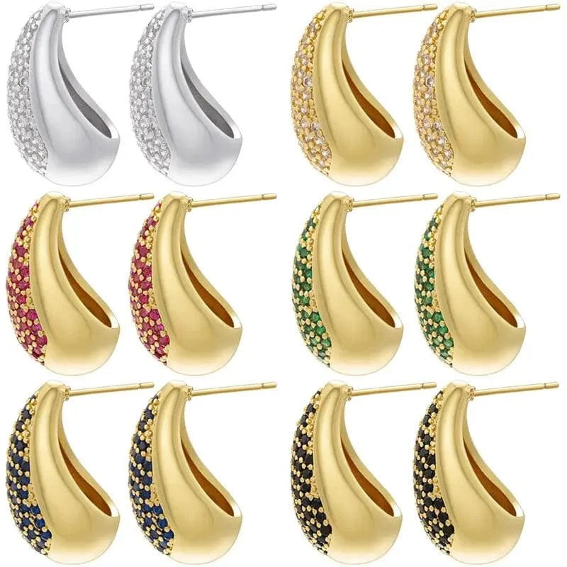 Luxury Women Statement Jewelry Gold Plated Geometric Chunky Water Drop Stud Earrings Multicolor Cubic Zirconia Teardrop Earrings