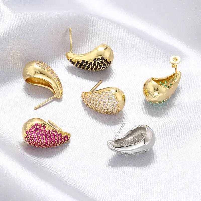 Luxury Women Statement Jewelry Gold Plated Geometric Chunky Water Drop Stud Earrings Multicolor Cubic Zirconia Teardrop Earrings
