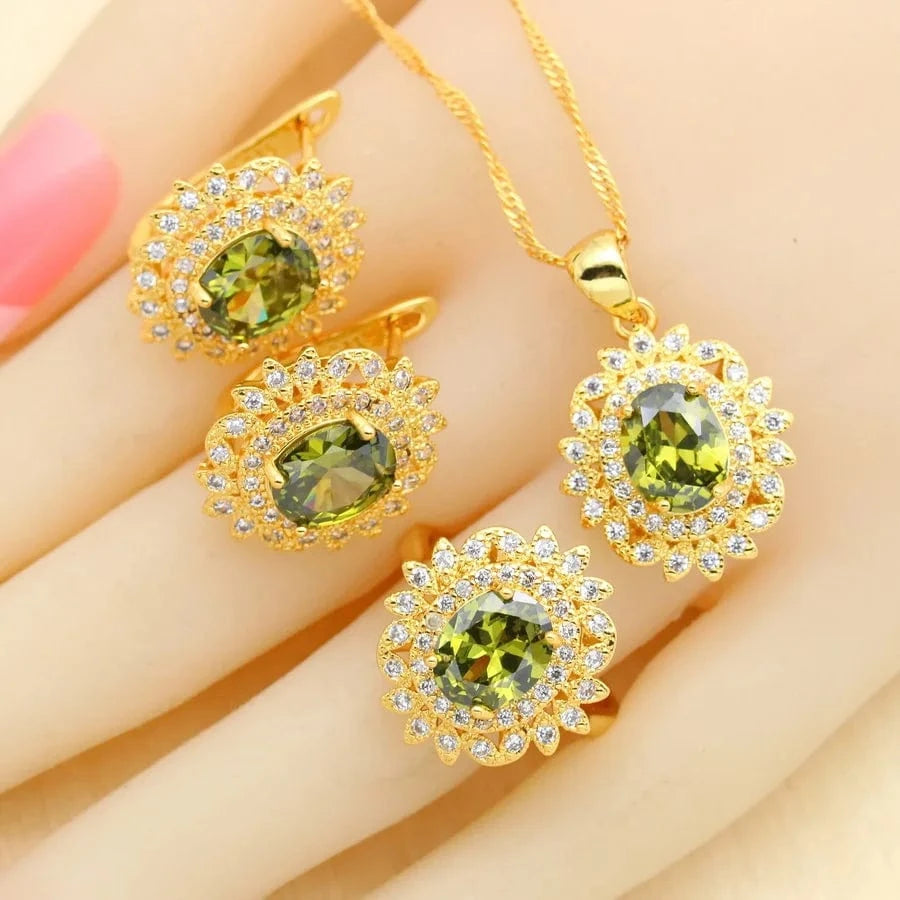 Luxury zircon jewelry 18k Gold Jewelry Sets for Women Earrings Necklace Pendant Ring Bracelet Wedding Gift