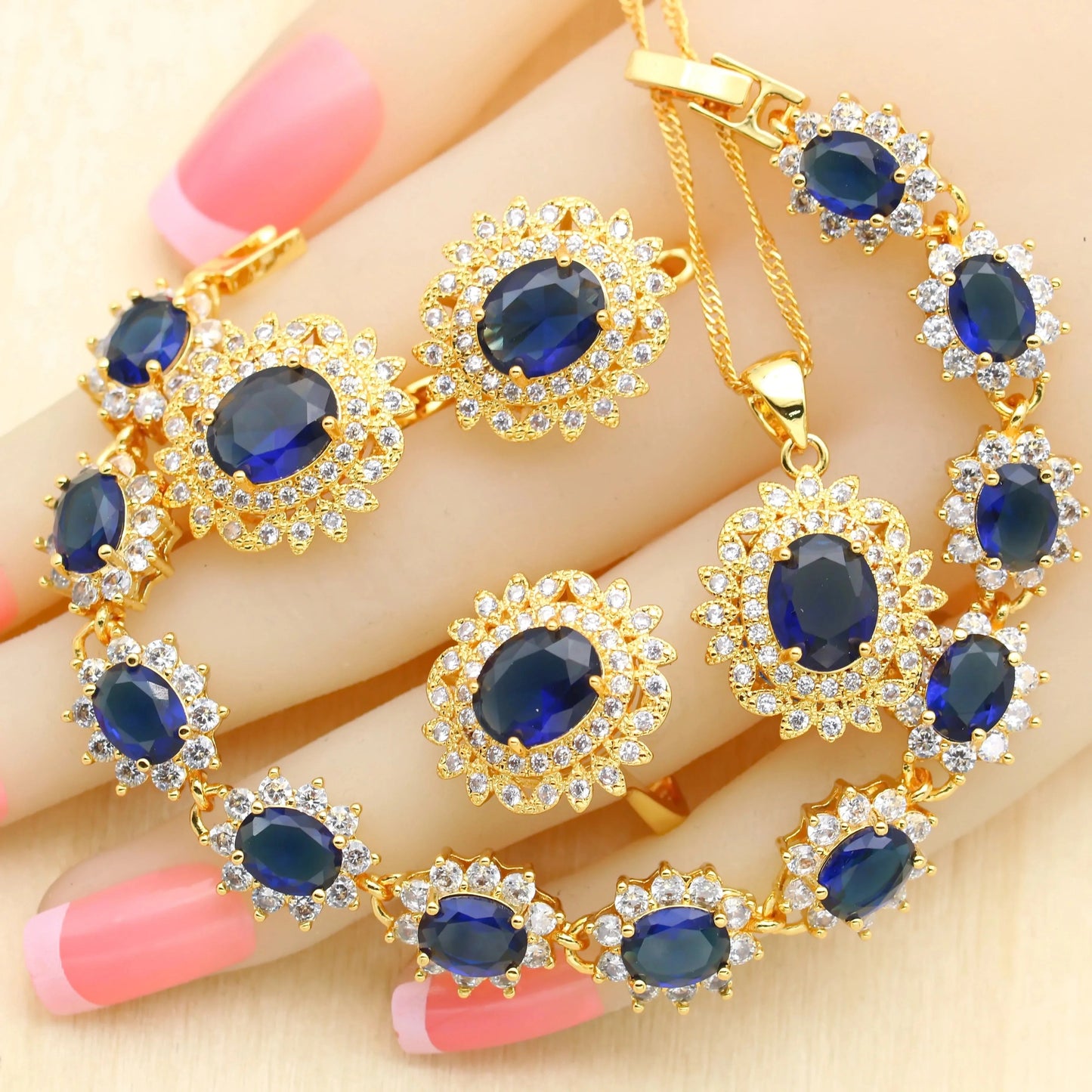 Luxury zircon jewelry 18k Gold Jewelry Sets for Women Earrings Necklace Pendant Ring Bracelet Wedding Gift
