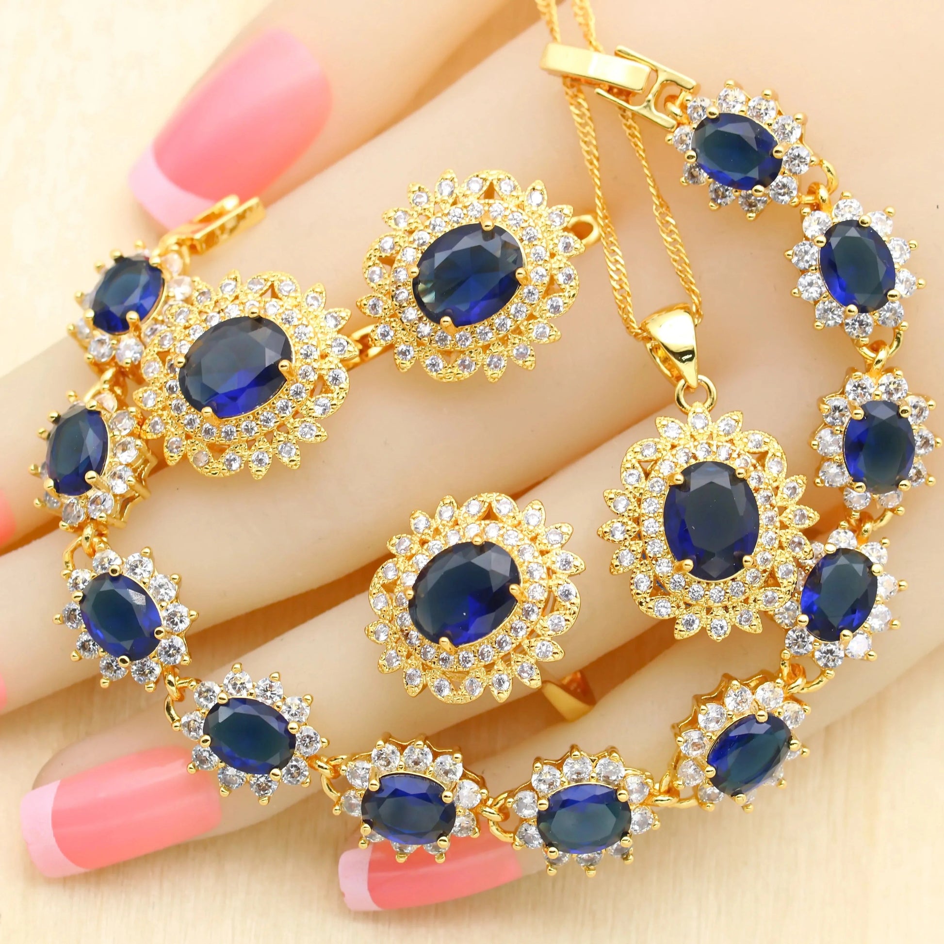 Luxury zircon jewelry 18k Gold Jewelry Sets for Women Earrings Necklace Pendant Ring Bracelet Wedding Gift
